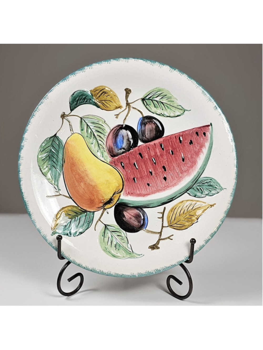 Vintage Elbee Italy Hand Painted Fruit Platter 11" Mid Century Majolica Plate